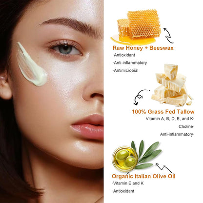 Marromi Beef Tallow for Skin, Tallow Honey Balm, Organic Grass-Fed Beef Tallow Balm with Raw Honey, Natural Soothing Moisturizing (Unscented)