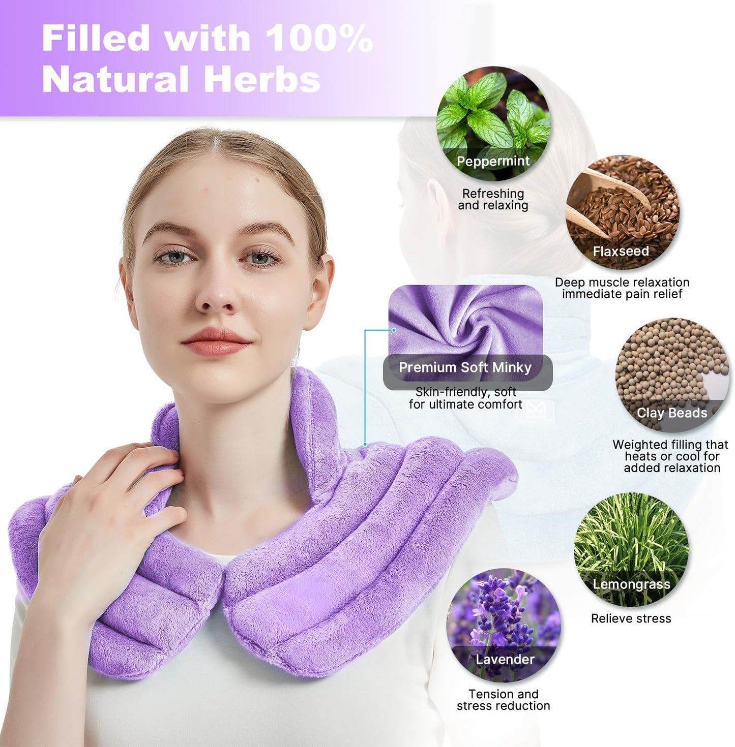 Neck Heating Pad Microwavable for Shoulders, Warmer Wrap Microwave Heating Pad for Neck and Shoulders for Pain Relief (Purple)