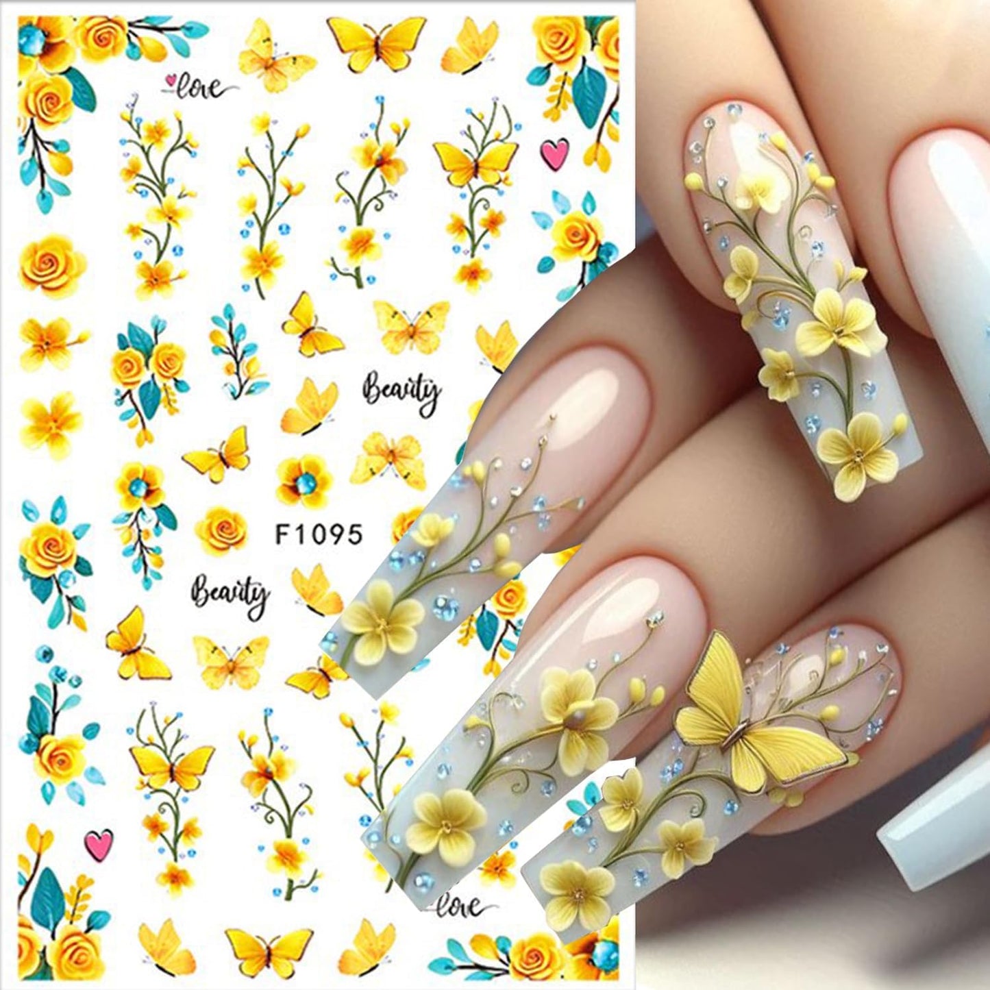 8 Sheets Butterfly Flower Nail Art Stickers 3D Self-Adhesive Spring Summer Nail Sticker Flower Nail Art Decals Holographic Blossom Nail Decal Decoration for Women Colorful Butterfly Manicure Supplies