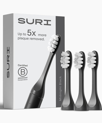 SURI Recyclable Plant-Based, Electric Toothbrush Heads - Built-in Tongue Scraper, Long Lasting Replacement Heads | Compatible Only Sonic Electric Toothbrush - Midnight Black, Pack of 3