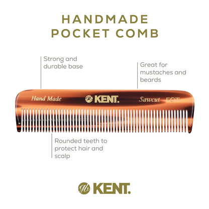 Kent FOT Tortoise Fine Tooth Handmade Pocket Comb for Men, Women and Kids, Hair Comb Straightener for Everyday Grooming and Styling, Beard and Mustache, Saw Cut and Hand Polished, Made in England