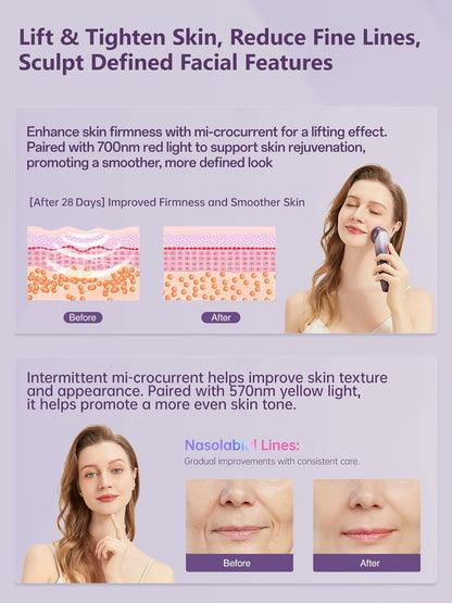 6-in-1 Age-Defying - Eye, Face & Neck Lift & Firm, 5-Color Light Therapy for Face with Microcurrent, Vibration, Heat & Cooling, Skin Care Tool for Youthful & Tightening Skin (Purple)