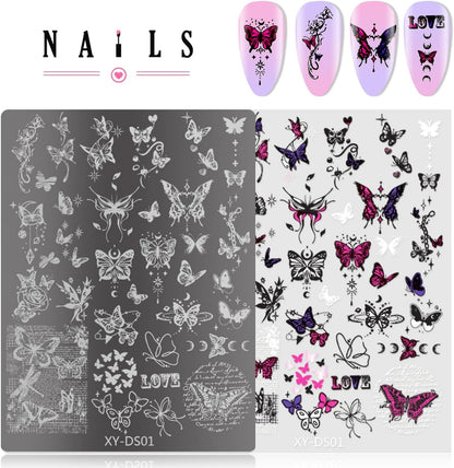 4Pcs Gothic Cute Nail Stamping Plate Set - Dark Kawaii Nail Art Templates, Stainless Steel Spooky Sweet Nail Stamp Plates with Skull & Lace Patterns for Halloween DIY Manicure Printing Tools
