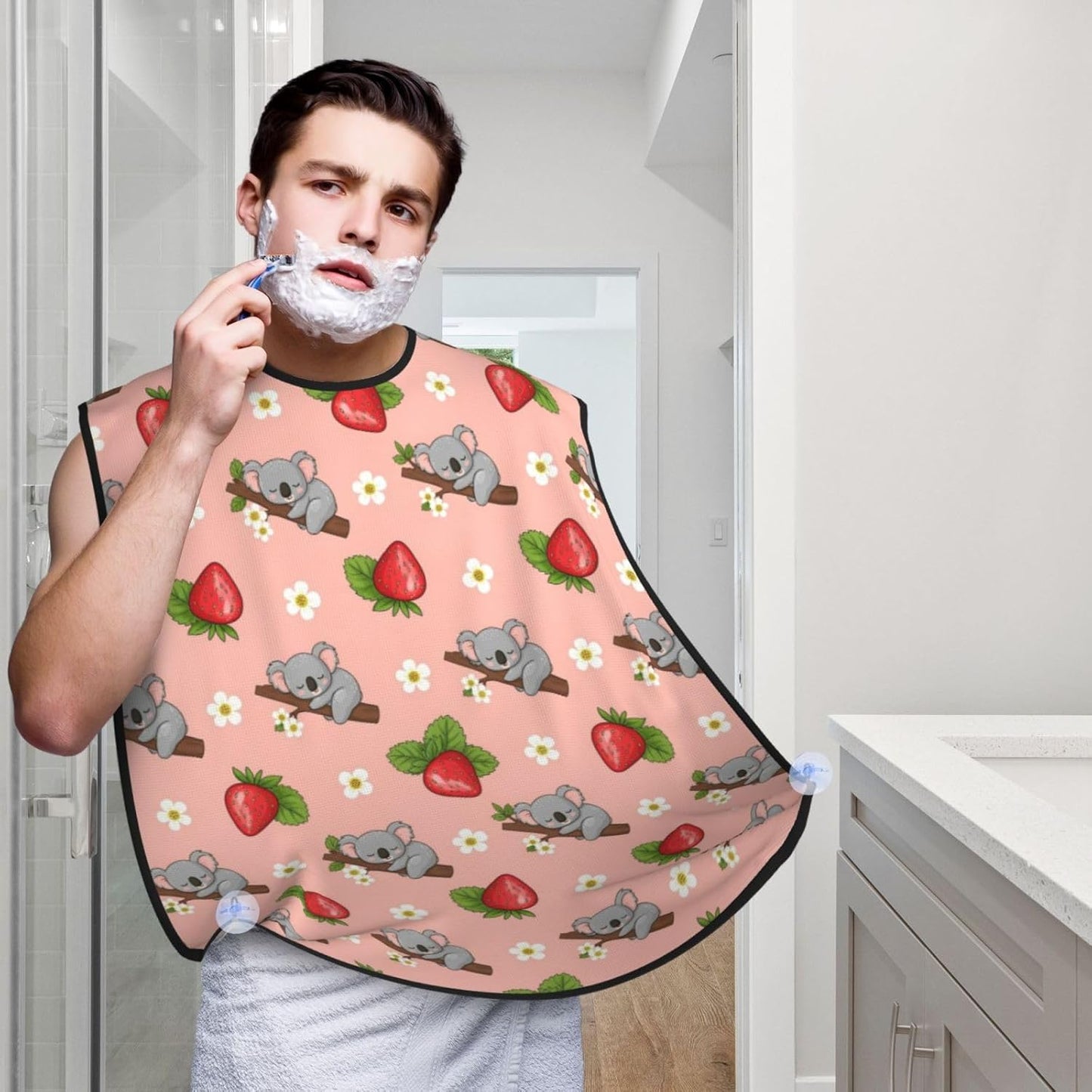 Beard Trimming Hair Catcher, Cartoon Koala Bear Strawberry Flower Leaf Light Pink Shave Bib, Non-Stick Bib Apron Waterproof, Shaving Tool for Men for Husband Father’s Day