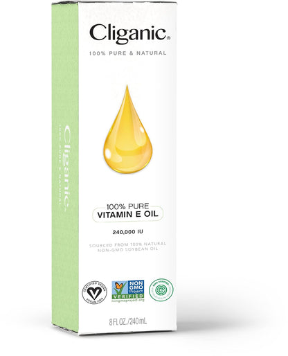 Cliganic Pure Vitamin E Oil for Skin, Scars, Hair & Face 240,000 IU (8oz), Non-GMO Verified | Natural D-Alpha Tocopherol