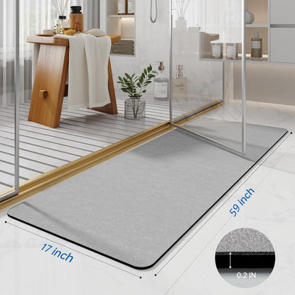 Grey Long Bathroom Mat Rugs 59x17 Diatomaceous Earth Bath Mat Large Quick Dry Bath Mat Non Slip Rubber Backed Super Absorbent Shower Mat, Thin Bath Runner Rugs Floor Mat Fit Under Door,Shower,Sink
