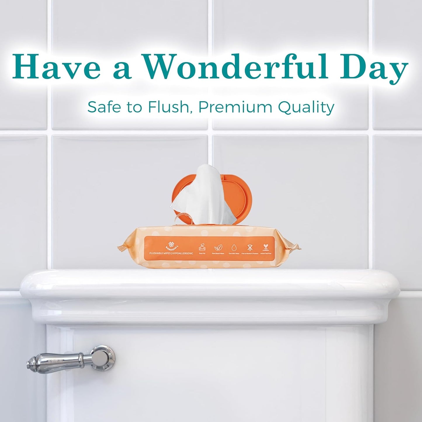 WONDERFUL Flushable Butt Wipes, Lemon Citrus 100% Plant-Based Wet Wipes for Adults & Kids; Sewer, Septic Safe; Gentle for Sensitive Skin, Wipes Flushable Pack for Bathroom & Travel, 3-Pack (180 Wipes)