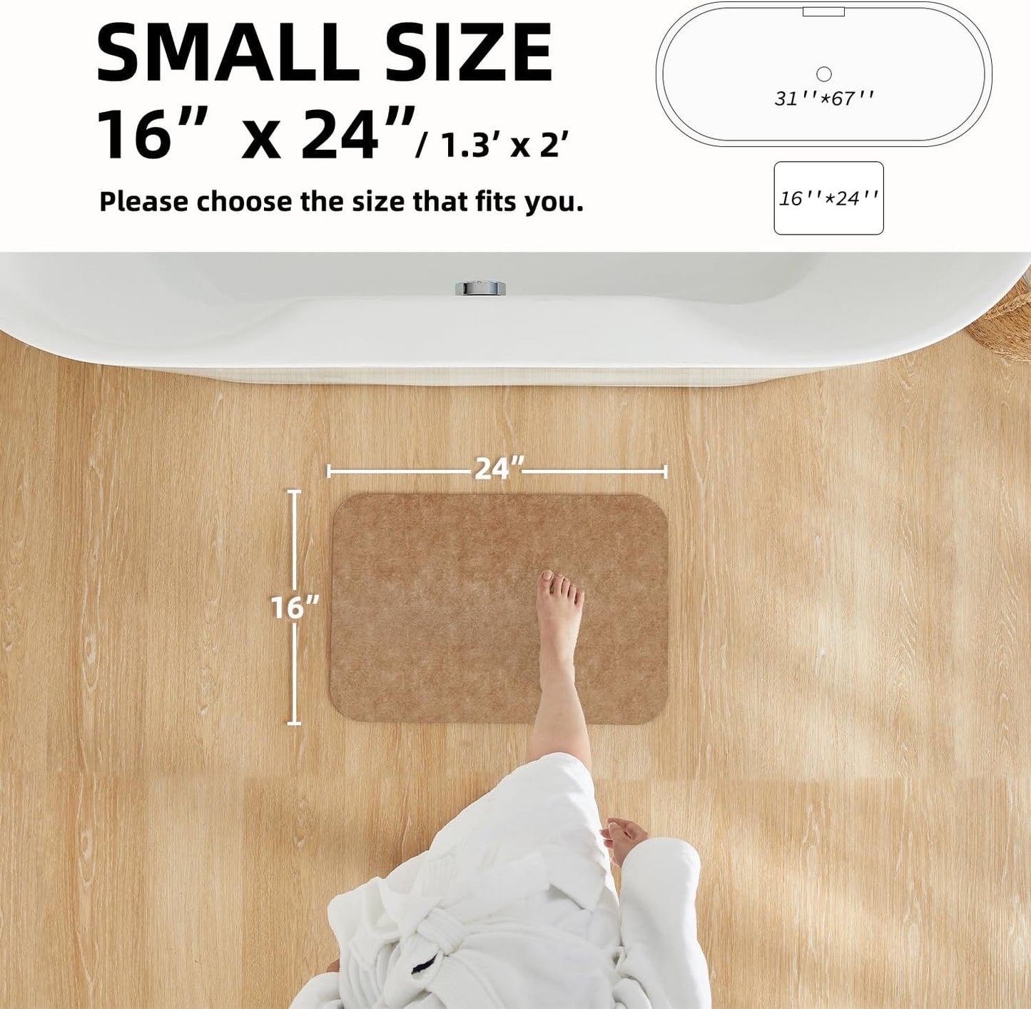 Bathroom Mat Quick Dry, Bathroom Rugs Non Slip Washable Thin Absorbent Bath Mat Fits Under Door Bathroom Floor Mat Perfect for Bath, Shower, or Sink 16"x24" Camel