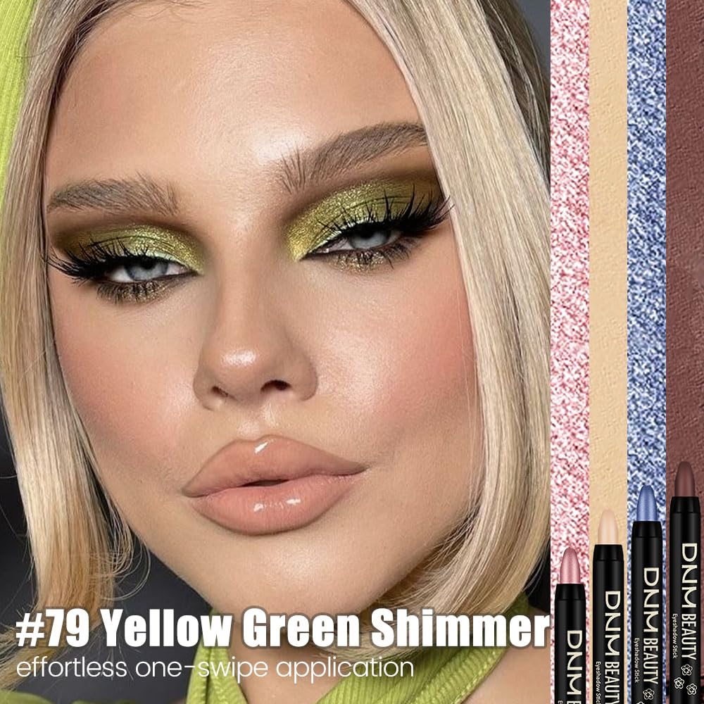 evpct Yellow Green Shimmer Cream Eye Shadow Sticks Brightener Pencils for Women, Green Silky Eyeshadow Applicator Stick Pen Waterproof, Blendable Crease-Proof Stick Eyeshadow Shimmer Eye Makeup 79
