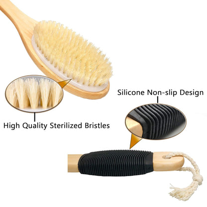 OWIIZI Bath Brush Wooden Curved Long Handle Antiskid Shower Brush for Exfoliating, Natural Bristle Scrubber for Back Use Wet or Dry