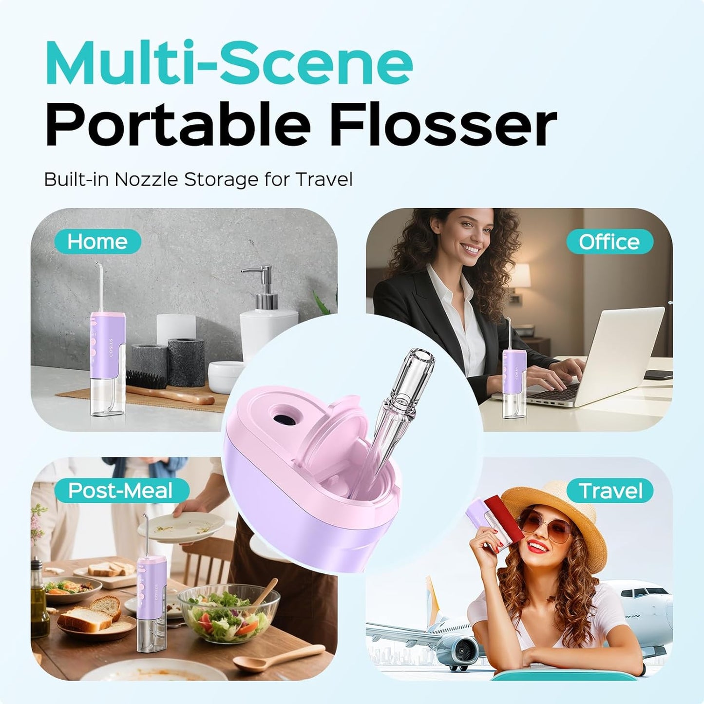 COSLUS Mini Water Flosser for Travel: Portable Compact Design, Cordless Oral Irrigator with 4 Jet Tips, Removable Tank & IPX7 Waterproof for Braces, Sensitive Teeth & On-The-Go Use, Pink Purple, T40
