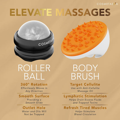 Cosmetasa Body Massage Oil for Massage Therapy Kit - Arnica Sore Muscle Massage Oil, Cellulite Massage Oil, Lavender Massage Oil, Skin Massage Roller Ball, Massager Mitt - Relaxing Luxury Spa Gift Set