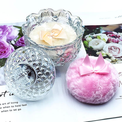 Luxury 4 Inch Glass Powder Container with 2 Soft 3.5" Puffs｜Non-Sealed Refillable Organizer for Body Powder,Makeup & Jewelry｜Setting Powder Applicator w/ Loose Powder Storage(Butterfly-Dazzling Color)