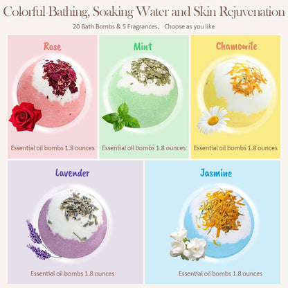 Bath Bombs Set for Women, 20 PCS Natural Argan Oil & Organic Oil Dry Skin Moisturize, 5 Different Scents, Perfect for Bubble Spa Bath, Ideal Gifts for Women, Girls, Wife, Mother