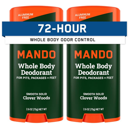 Mando Whole Body Deodorant For Men - Smooth Solid Stick - 72 Hour Odor Control - Aluminum Free, Baking Soda Free, Skin Safe - 2.6 Ounce (Pack of 2) - Clover Woods