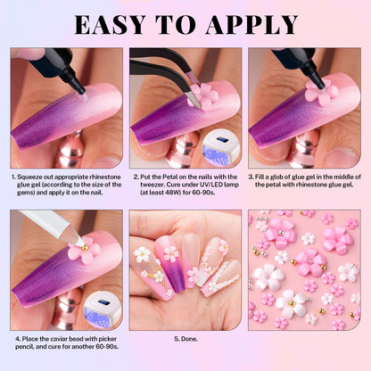 3D Flowers Manicure Gems with Nail Rhinestone Glue Gel, Colorful Acrylic Flower Nail Charms with Caviar Beads, Rhinestones and Gem Glue for Nails (UV/LED Needed) with Pickup & Dotting Tools