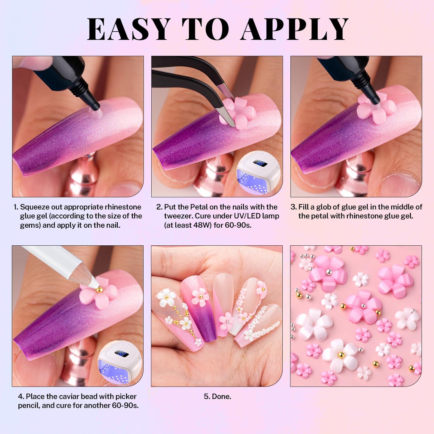 3D Flowers, Manicure Kit with Gel Glue, Colorful Acrylic Flower Nail Charms with Caviar Beads, Rhinestones + Gem Glue for Nails (UV/LED Needed) with Dotting & Pickup Tools