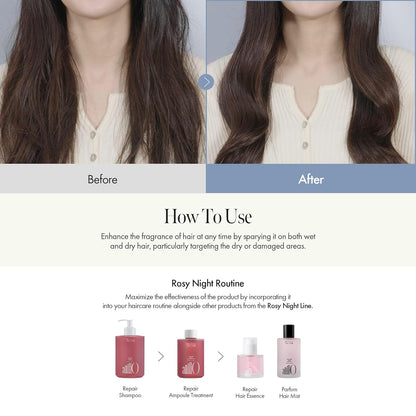 Rosy Night Vegan Hair Perfume Long-Lasting Floral Musky Scented with Damask Rose Extract, Rosehip Oil, Peptide Complex for All Hair Type, Free of Silicone & Parabens (3.38 fl. Oz)