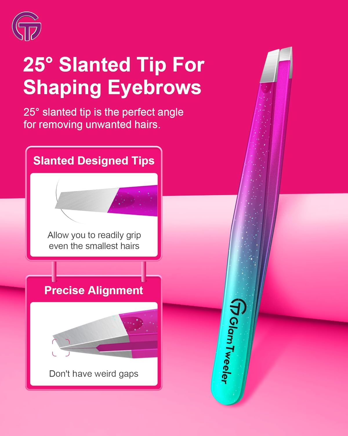 Expert Slant and Point Tip Tweezer Set with Exclusive Travel Case, GlamTweeler Sharp & Precision Tweezer Set for Eyebrows, Facial Hairs & Fine Hairs Removal (Sparkle Purple & Turquoise + Silver)