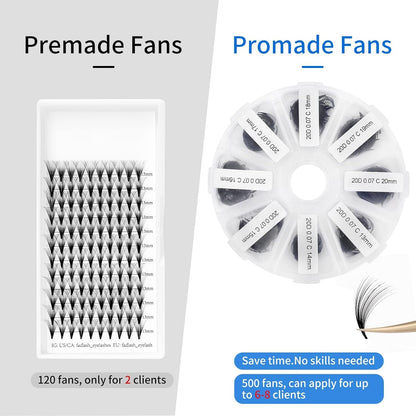 Premade Fans for Lash Extension: 20P, Wendy, Handmade Fans, Pre-made, For Lash-Artists, D, 9-16mm