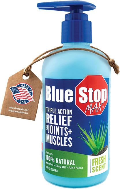 Blue Stop Max Massage Gel for Body Aches, 8 oz Pump Bottle; 3 in 1 Product Relieves Body Aches, Supports Joints and Nourishes The Skin