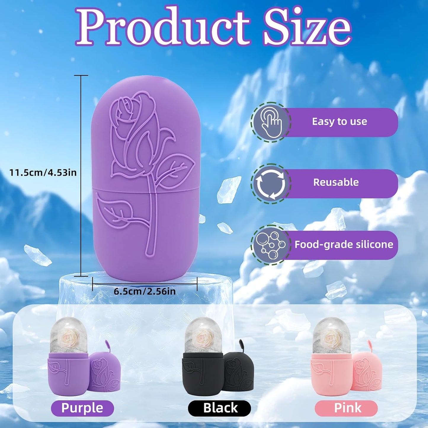 Ice Face Roller Massager for Face, Reusable Silicone Ice Cube Mold, Facial Beauty Ice Roller, Reduce Puffiness and Dark Circles, Minimize Pores & Improve Skin Texture (Purple)