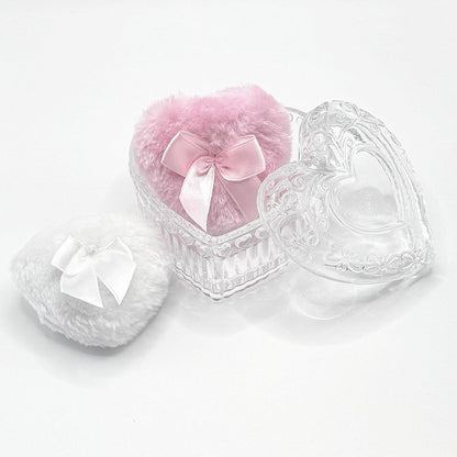 Body Powder Puff and Container - Glass Heart Dusting Powder Container with 2 Soft Puffs – Vintage Powder Puff Case for Women & Girls-GRB007-Transparent