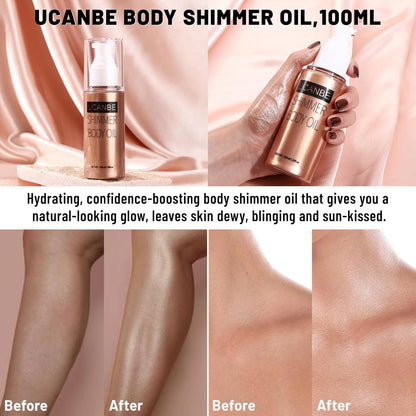 UCANBE Body Shimmer Oil - 100ml Moisturizing Glow Glitter Oil, Waterproof Shimmering Luminizer, Tinted Glowing Bronzer (Rose Gold)