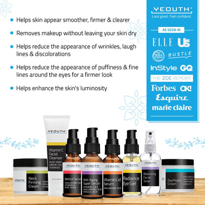 YEOUTH Skin Care Set: Retinol Serum for Face with Hyaluronic Acid, Vitamin C Serum, Face Serum, Cleanser, Toner, Eye Gel, Neck Cream, Face Cream, Gifts for Women & Men, Self Care Routine 8-Piece