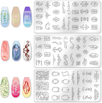 3Pcs Tulip Nail Stamping Plate Set Floral Irregular Geometric Frames Steel Nail Stamp Templates Clear Silicone Nails Stamping with Stamper Scraper for Manicure Printing