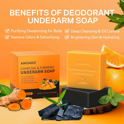 Armpit Detox Soap Set, Underarm Brightening Deodorant Soaps for Dark Armpit Remover, Eliminate Odor, Natural Turmeric Bar with VC, Charcoal Soap with Mint - included Sisal Mesh Bag