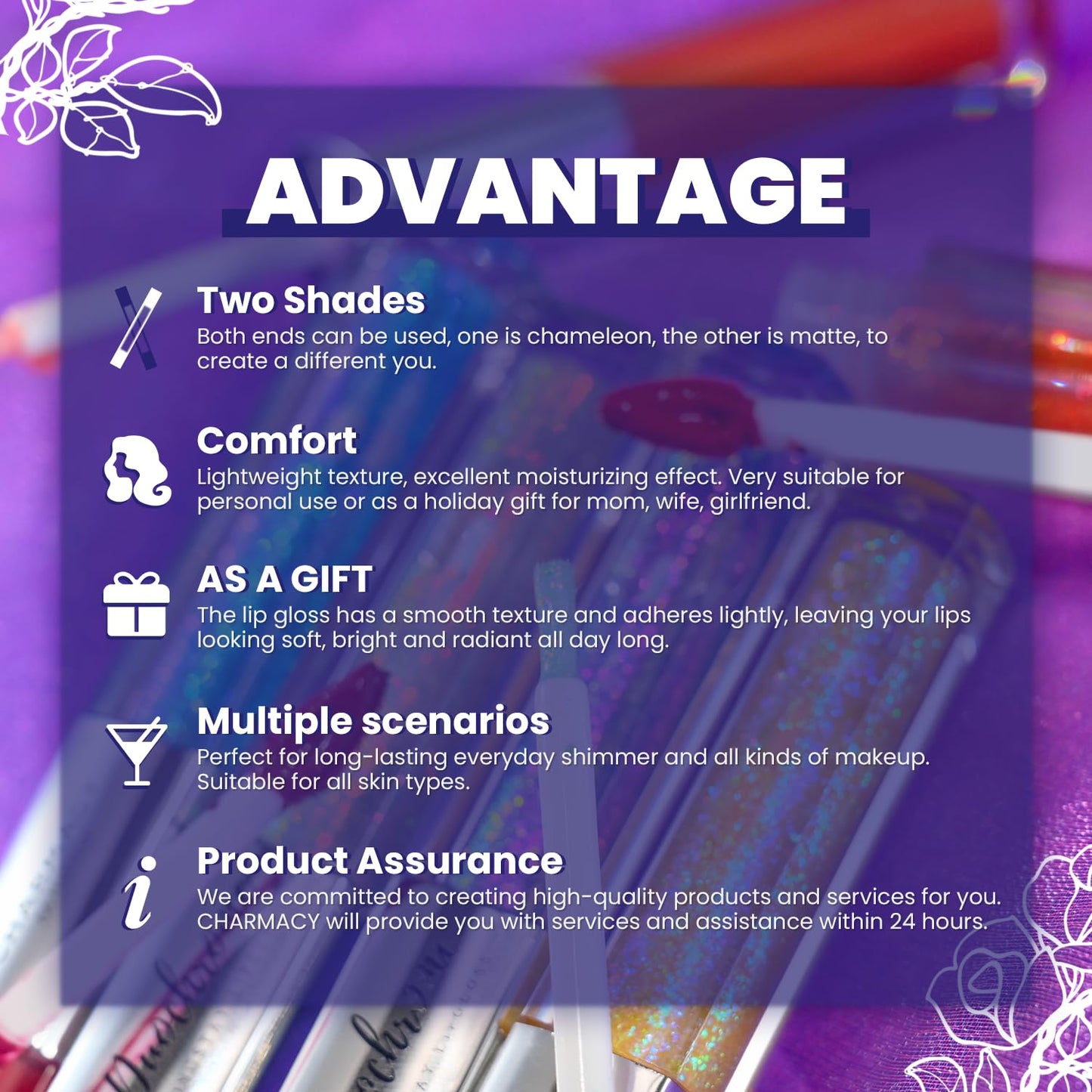 CHARMACY Multichrome Double Head Non-Stick Lip Gloss, Metallic Colourful Lip Glaze, Anti-transfer, Long Lasting Waterproof Liquid Lipstick Makeup (#01)