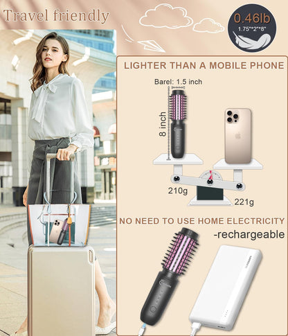 Cordless Hair Curling Iron Brush, 1.5" Mini Cordless Hair Curler, 3-in-1 Travel Curling Brush Hair Straightener Comb Rechargeable, 410℉ Heated Ionic Curling Tool for All Styles, Black