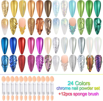 Chrome Nail Powder Set 24 Colors, Mirror Effect Gold Silver Chrome Glitter Powder White Pearl Chrome Powder Iridescent Pigment for Nails Opal Flakes Gold Leaf for Nail Art Decoration