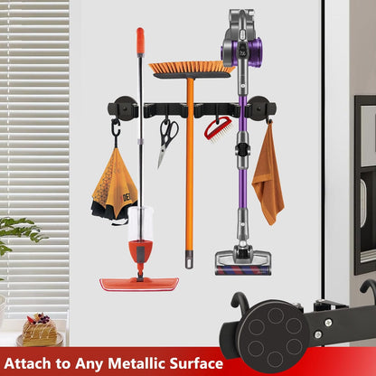 ULIBERMAGNET Magnetic Mop Broom Holder,Heavy Duty Movable Magnetic Broom Holder Rack,Anti-slip Wall Mounted Utility Storage Mop Shovel Hanger for Garage, Kitchen, Laundry, Garden(3 Racks / 4 Hooks)
