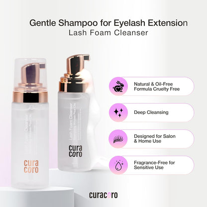 CURACORO 60ML Eyelash Extension Cleanser (Unscented) - Lash Shampoo for Lash Extensions, Eyelash Extension Foam Cleanser for Sensitive Skin, Removes Waterproof Makeup for Professional & Home Use