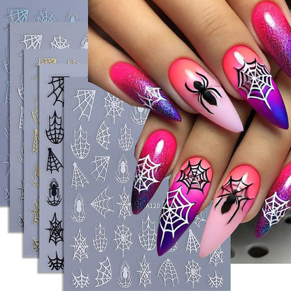 6 Sheets Halloween Spider Web Nail Art Stickers 3D Self -Adhesive Spider Web and Spider Nail Decals Holographic Black Gold Silver Nail Stickers Halloween Nail Decoration for Women Manicure Supplies