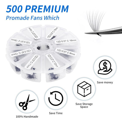 Pre-made Fans Eyelash Extension 500+6D Loose Volume Fans C Curl Premade Volume Fans 9-16mm