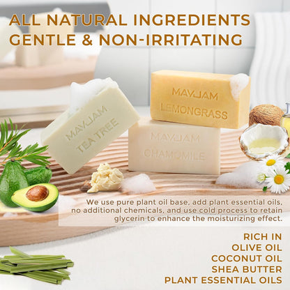 Natural Botanical Bar Soap With Essential Oil, Vitamin E, Pure Plant Oil Bath Body Soap- Lemongrass,Tea Tree, Roman Chamomile Rich Creamy for Men, Women All Skin Type