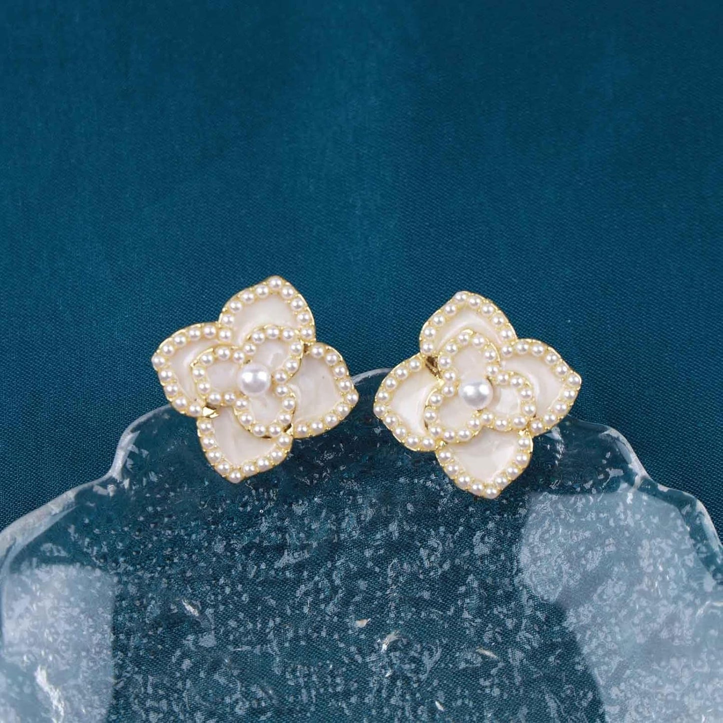 Vintage Pearl Flower Earrings Gold Pearl Stud Earrings Large Camellia Earrings Enamel Camellia Flower Petal Earrings Jewelry for Women