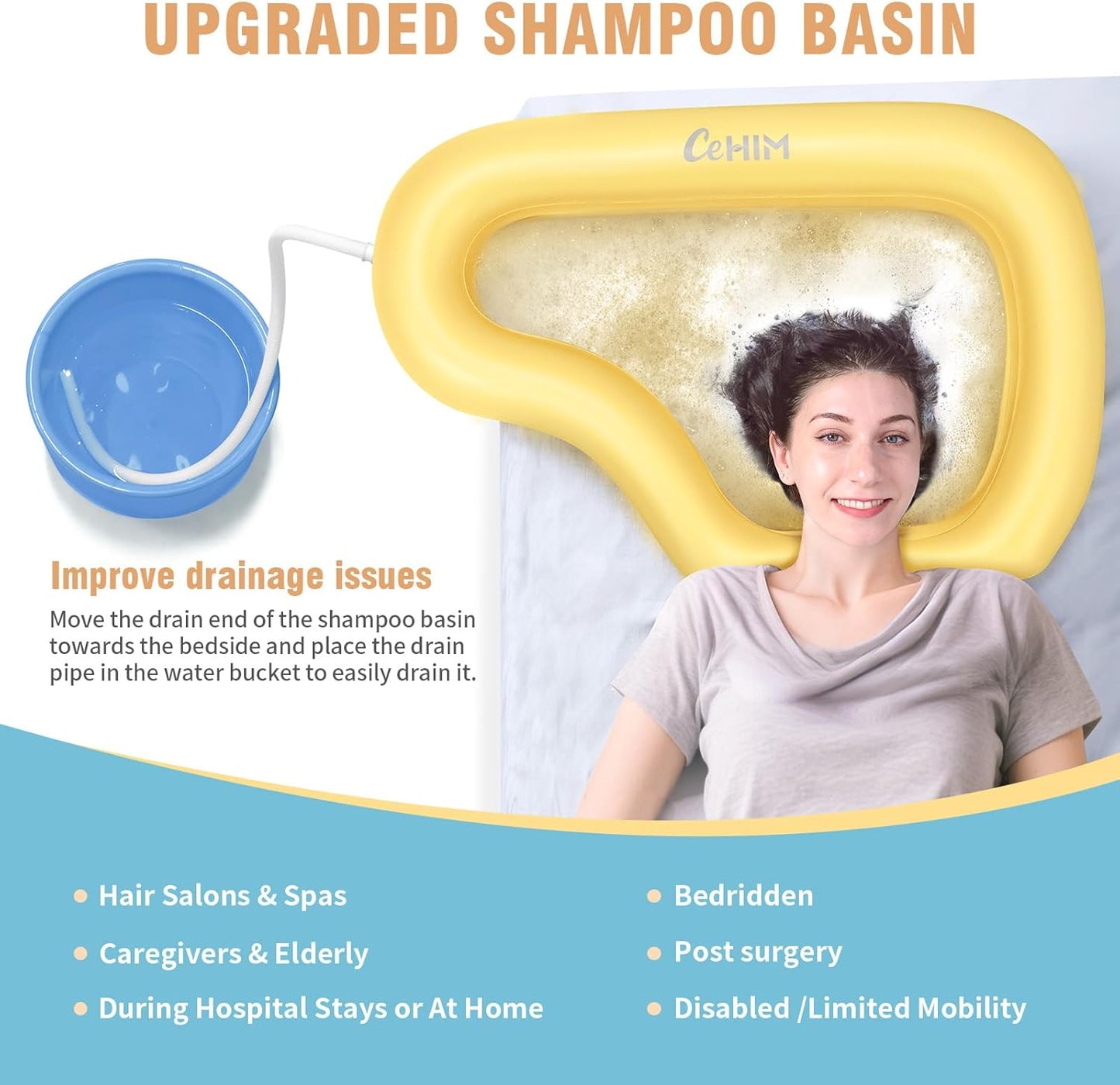 Portable Inflatable Shampoo Basin for Bedridden & Elderly - Zero Pooling Design | Fast-Drain Slope & Neck Support | Portable Hair Wash Bowl, Drain Hose | Hospital PVC | Home Use (Yellow, Large)