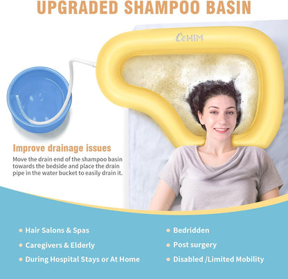 Portable Inflatable Shampoo Basin for Bedridden & Elderly - Zero Pooling Design | Fast-Drain Slope & Neck Support | Portable Hair Wash Bowl, Drain Hose | Hospital PVC | Home Use (Yellow, Large)