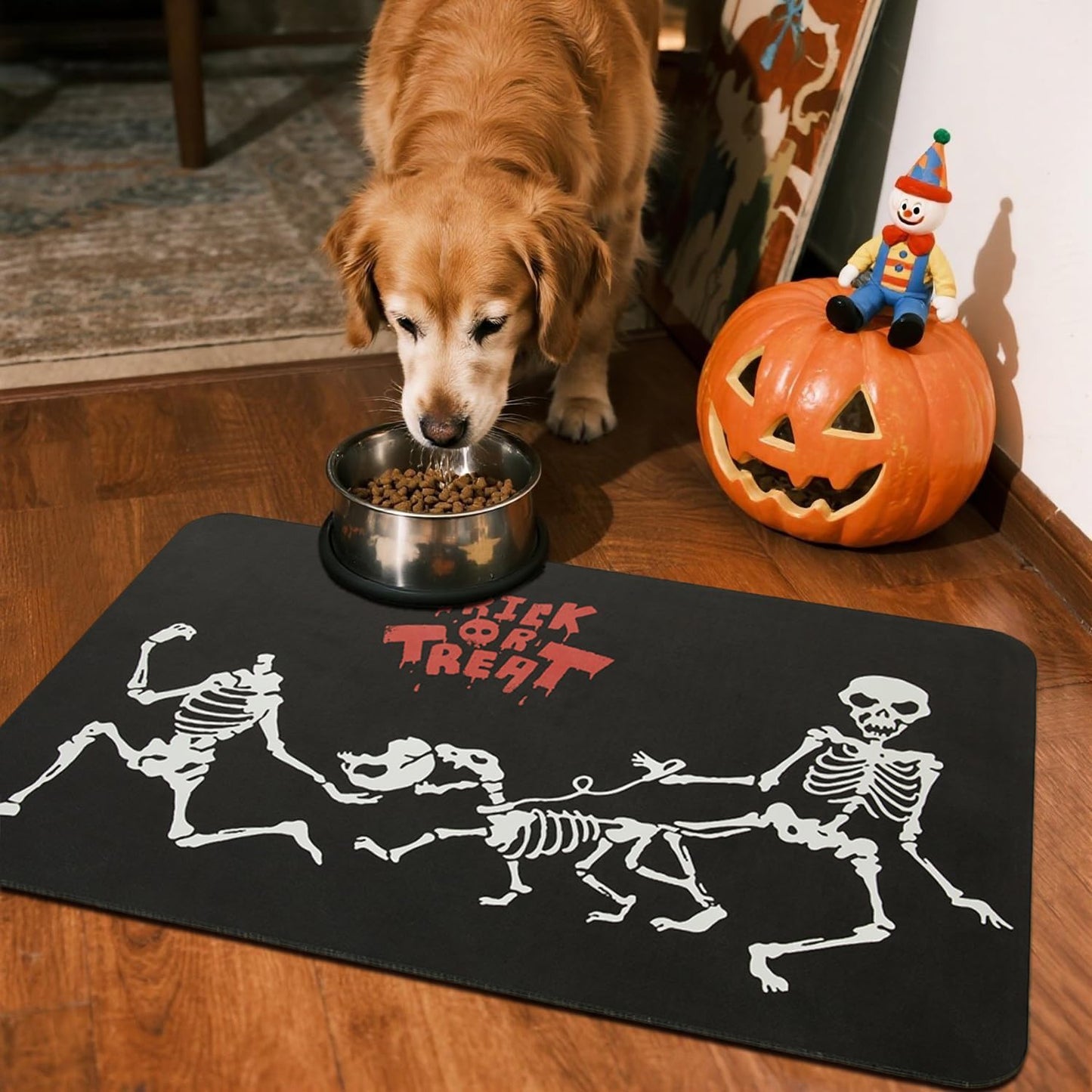 Halloween Bath Mat, Thin Halloween Bathroom Rug Non Slip Quick Dry Skeleton Bath Mat Fits Under Door Thin Floor Mat Halloween Decor, 24''x36'', Skull Treat or Trick Black