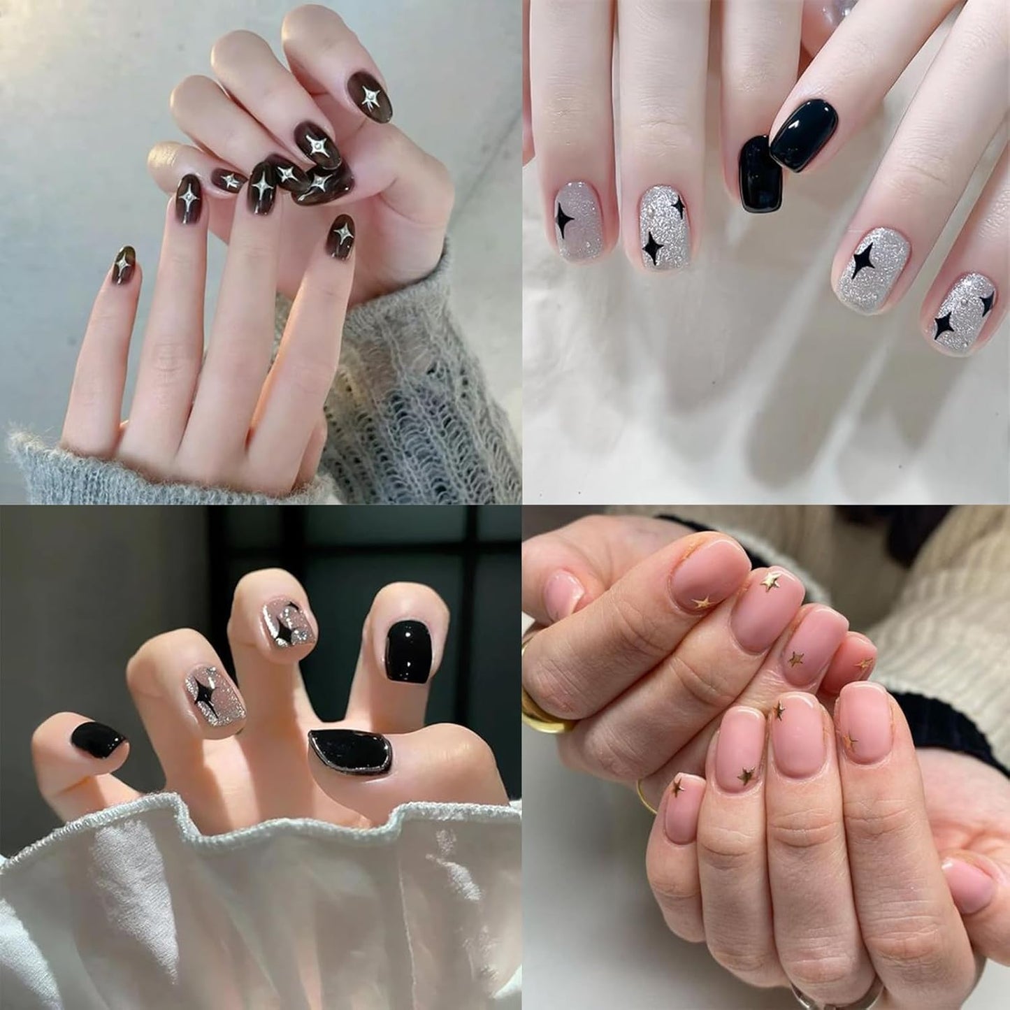 6Sheets Rhinestones Star Nail Art Stickers,3D Self-Adhesive Glitter Gold Silver White Black Stars Nail Art Design Decals Star Stickers for Acrylic Nails Art for Women Girls DIY Manicure Decorations