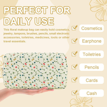 Waterproof Small Floral Makeup Bag Pouch for Purse,Nylon Flower Cosmetic Bag Preppy Travel Toiletry Storage Bag for Women Girl,Cute Makeup Organizer Bag Pouch with Zipper(Small Light Yellow-Flowers)