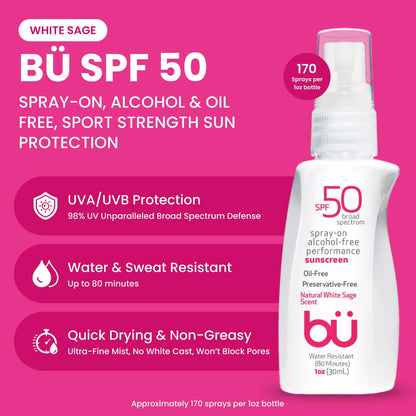 BU SPF 50 Sunscreen Spray for Face and Body, TSA Travel Size Sunscreen, Clear, Non Greasy, Water Resistant, for Sensitive Skin, White Sage 1 oz