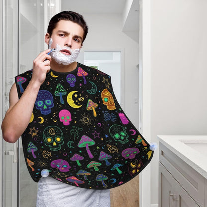 Non-Stick Beard Shaving Bib, Hair Catcher Apron with Suction Cups, Waterproof Grooming Tool for Men Husband, Trippy Moon Skulls Mushrooms Shave Bib