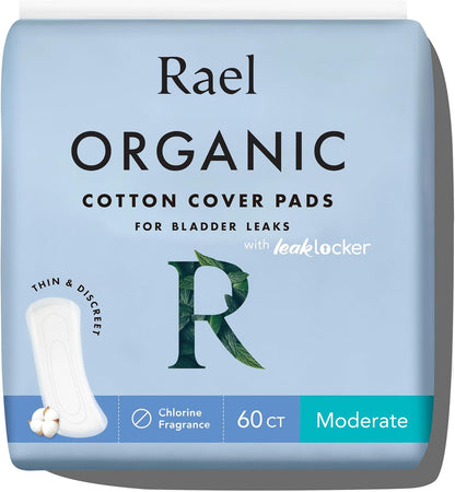 Rael Incontinence Pads for Women, Organic Cotton Cover, Postpartum Essential, Heavy Absorbency, Bladder Control, 4-Layer Core with Leak Guard Technology, Long Length (Moderate, 60 Count)