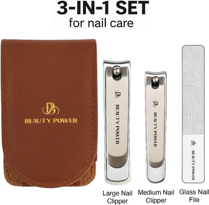 Nail Clippers Set 3 in 1 - Stainless Steel Toe Nail Clippers, Fingernail Clipper, Glass Nail File, Anti Splash, Ergonomic Grip in PU Leather Travel Case for Men & Women (Brown Case)