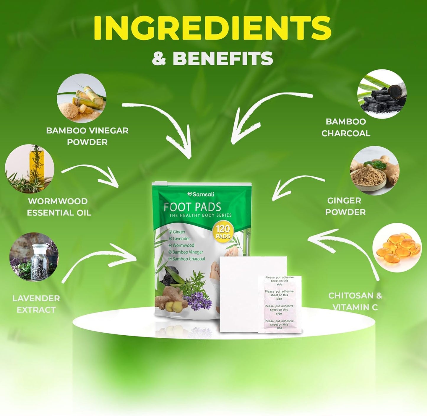 Samsali Ginger Foot Pads for Pain Relief: 120-Pack Natural Bamboo Vinegar Bamboo Charcoal Wormwood Lavender Ingredients Foot Patches - Comfort for Stress Relief - Ideal for Adults Elderly Sleep